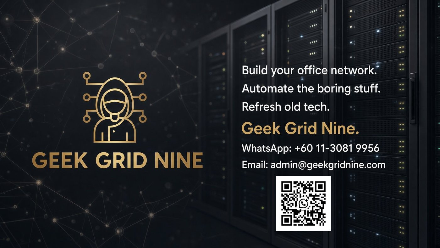 Geek Grid Nine: gold hooded-figure circuit logo in front of server racks, with services list and WhatsApp QR code